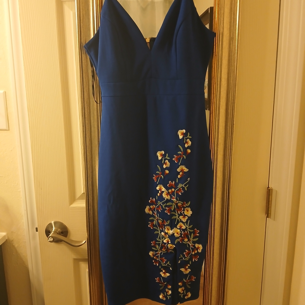 A'gaci Royal Blue Dress with Floral Embroidery